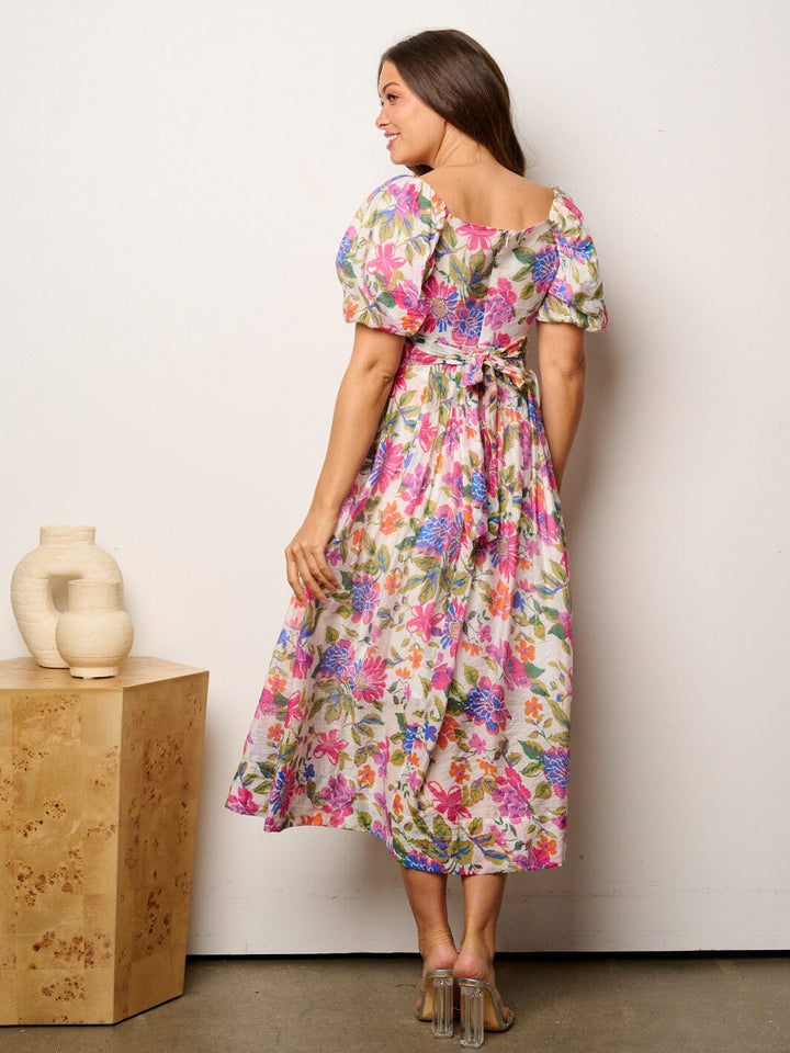WOMEN'S SHORT PUFF SLEEVES FIT & FLARE FLORAL MIDI DRESS