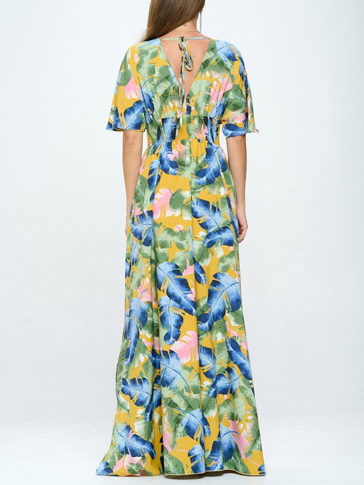 Copy of WOMEN'S SHORT SLEEVE SURPLICE SMOCK WAIST PRINTED MAXI DRESS