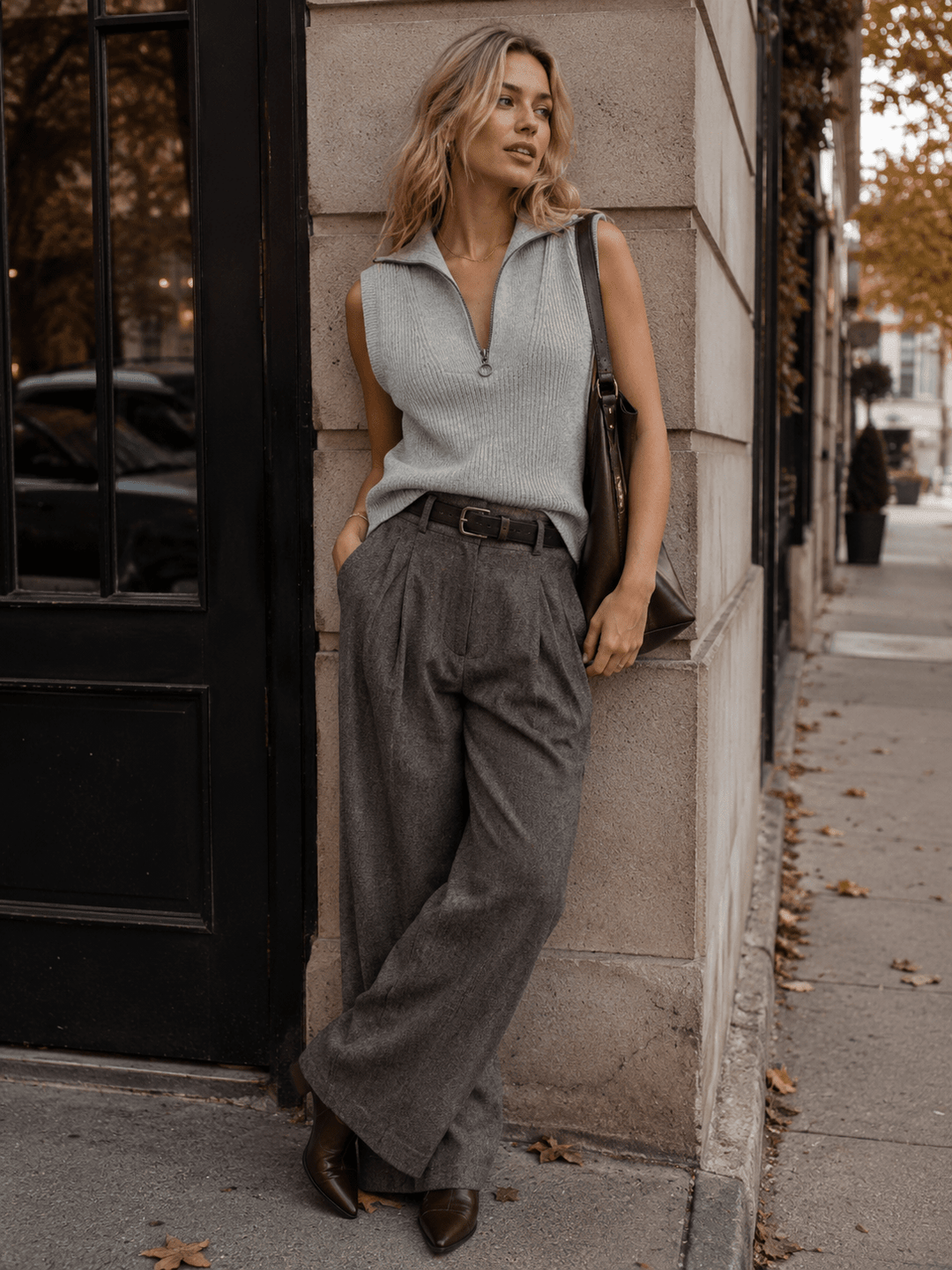 WOMEN'S SLEEVELESS ZIP UP KNIT TOP