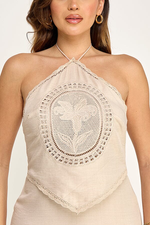 WOMEN'S SLEEVELESS HALTER NECK OPEN BACK CROCHET DETAILED MAXI DRESS