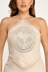 WOMEN'S SLEEVELESS HALTER NECK OPEN BACK CROCHET DETAILED MAXI DRESS