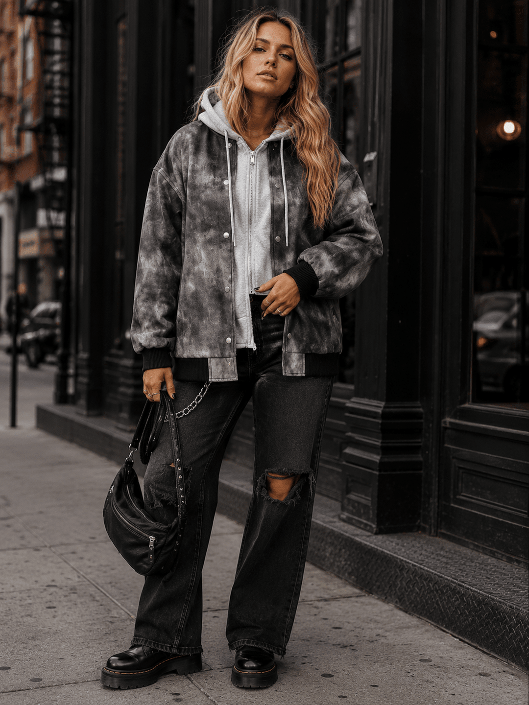 WOMEN'S LONG SLEEVE BUTTON CLOSURE FRONT POCKETS PU PLEATHER CONTRAST HOODED JACKET