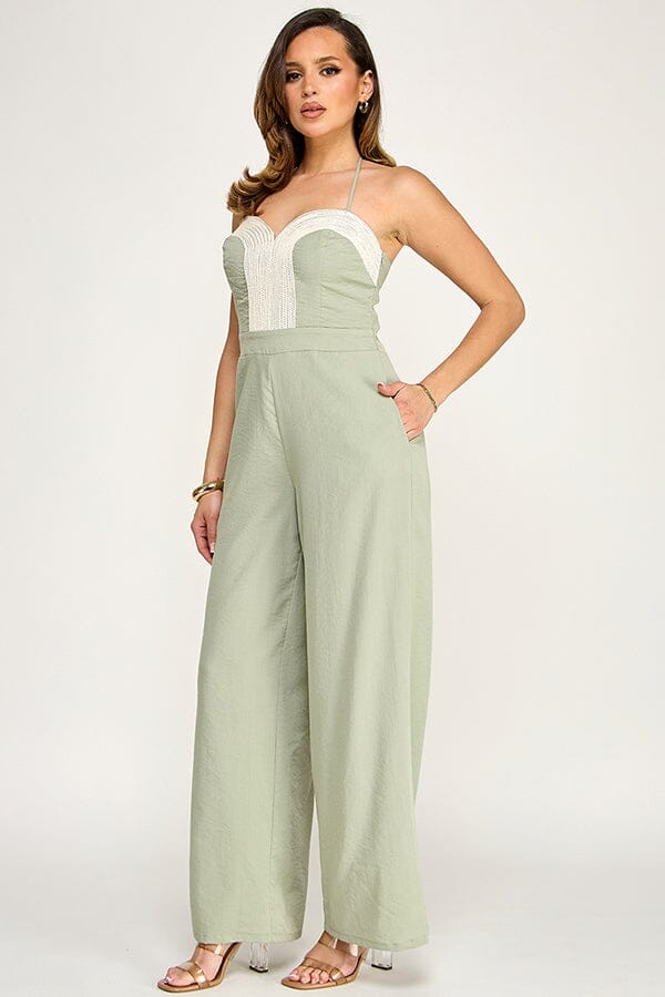 WOMEN'S SLEEVELESS HALTER NECK POCKETS SMOCK WIDE LEG JUMPSUIT