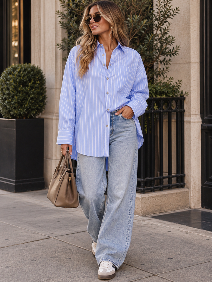 WOMEN'S LONG SLEEVE BUTTON UP FRONT POCKET STRIPES OVERSIZED SHIRT