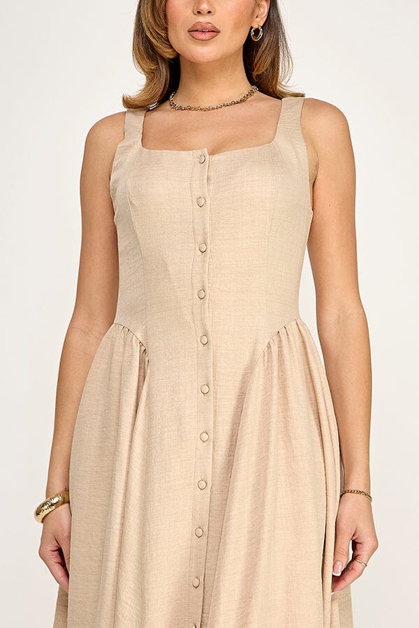 WOMEN'S SLEEVELESS SQUARE NECK BUTTON UP FIT & FLARE MIDI DRESS