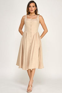 WOMEN'S SLEEVELESS SQUARE NECK BUTTON UP FIT & FLARE MIDI DRESS