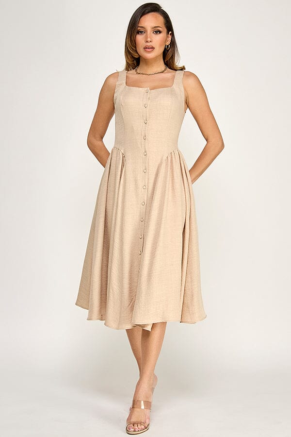 WOMEN'S SLEEVELESS SQUARE NECK BUTTON UP FIT & FLARE MIDI DRESS