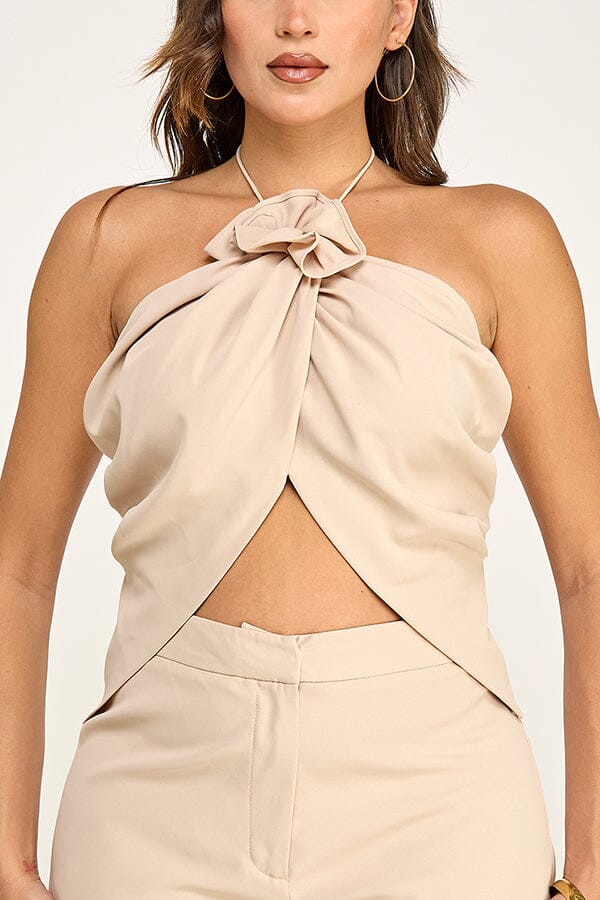 WOMEN'S SLEEVELESS HALTER NECK CROP TOP & BUTTON CLOSURE SHORTS 2PC. SET