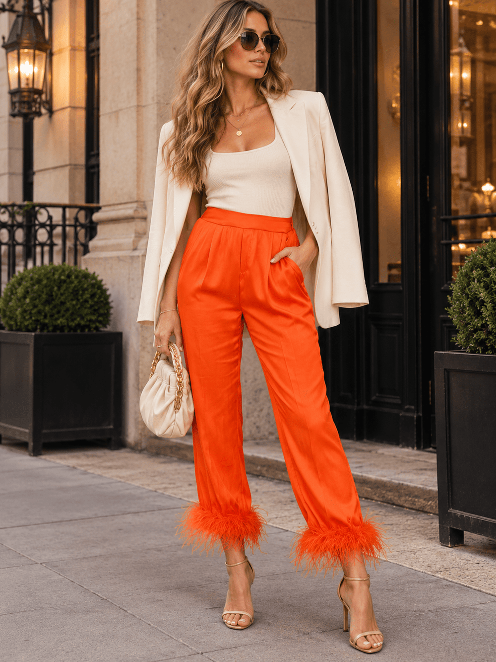 WOMEN'S ELASTIC WAIST FRONT POCKETS FEATHER LEG DETAILED PANTS