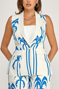 WOMEN'S SLEEVELESS BUTTON CLOSURE BLOUSE & ELASTIC WAIST POCKETS WIDE LEG PANTS PRINT 2PC. SET