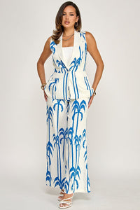 WOMEN'S SLEEVELESS BUTTON CLOSURE BLOUSE & ELASTIC WAIST POCKETS WIDE LEG PANTS PRINT 2PC. SET