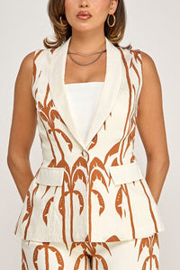WOMEN'S SLEEVELESS BUTTON CLOSURE BLOUSE & ELASTIC WAIST POCKETS WIDE LEG PANTS PRINT 2PC. SET