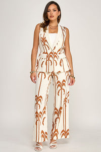WOMEN'S SLEEVELESS BUTTON CLOSURE BLOUSE & ELASTIC WAIST POCKETS WIDE LEG PANTS PRINT 2PC. SET