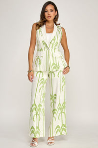 WOMEN'S SLEEVELESS BUTTON CLOSURE BLOUSE & ELASTIC WAIST POCKETS WIDE LEG PANTS PRINT 2PC. SET