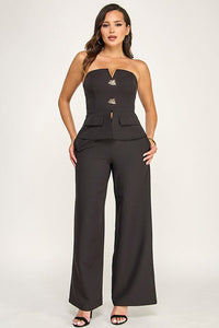 WOMEN'S SLEEVELESS V-NECK PEPLUM TOP & ZIP UP POCKETS WIDE LEG PANTS 2PC. SET