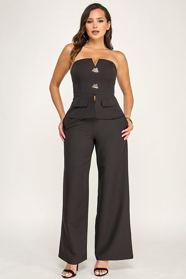 WOMEN'S SLEEVELESS V-NECK PEPLUM TOP & ZIP UP POCKETS WIDE LEG PANTS 2PC. SET