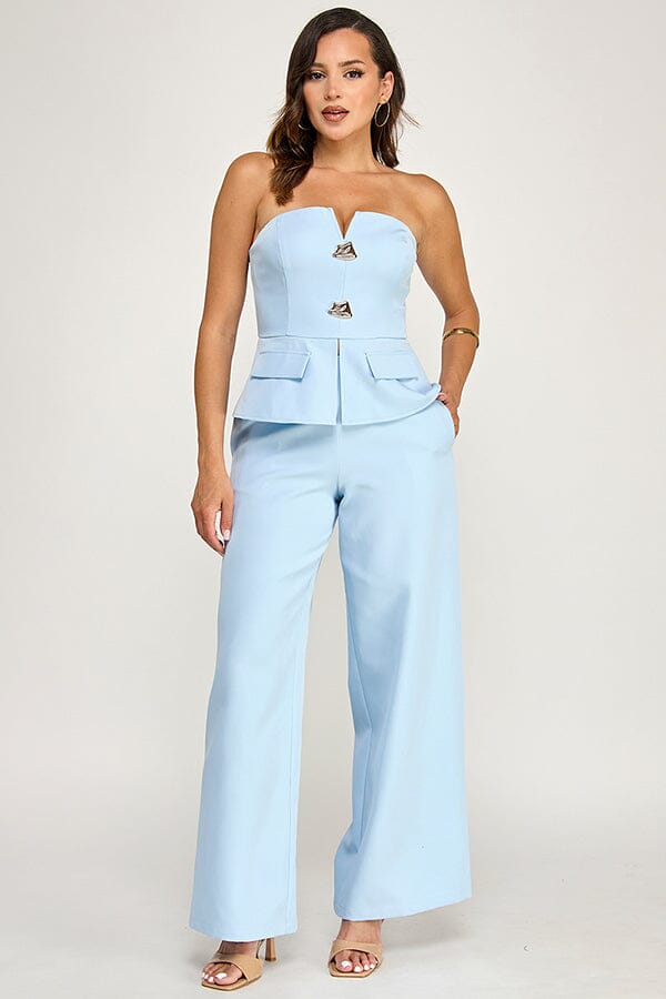 WOMEN'S SLEEVELESS V-NECK PEPLUM TOP & ZIP UP POCKETS WIDE LEG PANTS 2PC. SET