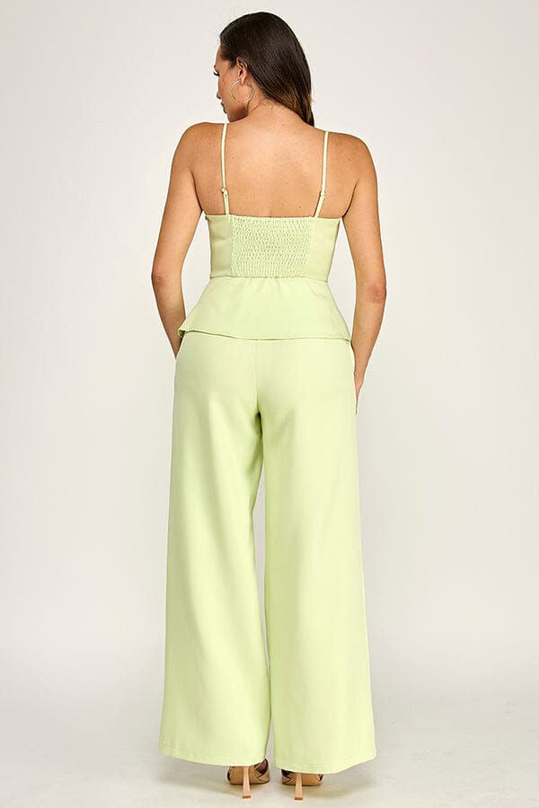 WOMEN'S SLEEVELESS V-NECK PEPLUM TOP & ZIP UP POCKETS WIDE LEG PANTS 2PC. SET