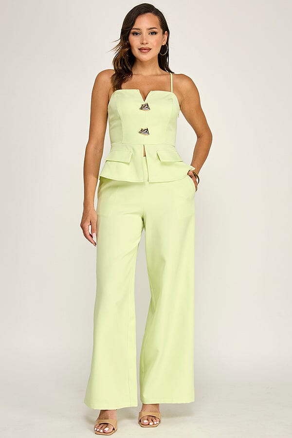 WOMEN'S SLEEVELESS V-NECK PEPLUM TOP & ZIP UP POCKETS WIDE LEG PANTS 2PC. SET