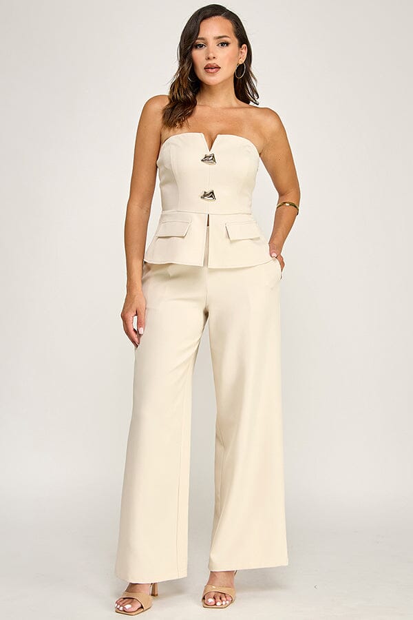 WOMEN'S SLEEVELESS V-NECK PEPLUM TOP & ZIP UP POCKETS WIDE LEG PANTS 2PC. SET