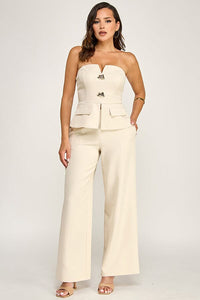 WOMEN'S SLEEVELESS V-NECK PEPLUM TOP & ZIP UP POCKETS WIDE LEG PANTS 2PC. SET