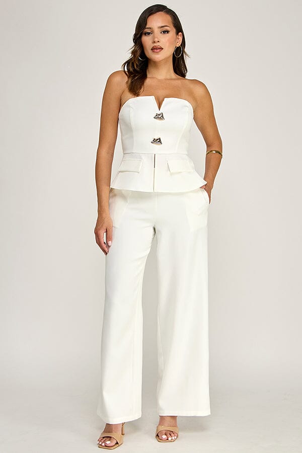 WOMEN'S SLEEVELESS V-NECK PEPLUM TOP & ZIP UP POCKETS WIDE LEG PANTS 2PC. SET