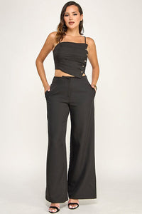 ******WOMEN'S SLEEVELESS SMOCK TOP & BUTTON CLOSURE POCKETS WIDE LEG PANTS 2PC. SET