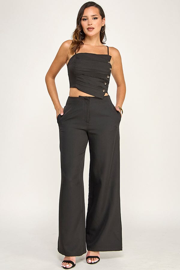 ******WOMEN'S SLEEVELESS SMOCK TOP & BUTTON CLOSURE POCKETS WIDE LEG PANTS 2PC. SET