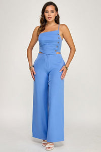 ******WOMEN'S SLEEVELESS SMOCK TOP & BUTTON CLOSURE POCKETS WIDE LEG PANTS 2PC. SET