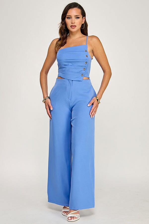 ******WOMEN'S SLEEVELESS SMOCK TOP & BUTTON CLOSURE POCKETS WIDE LEG PANTS 2PC. SET