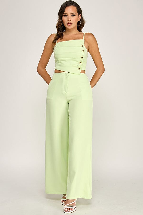******WOMEN'S SLEEVELESS SMOCK TOP & BUTTON CLOSURE POCKETS WIDE LEG PANTS 2PC. SET