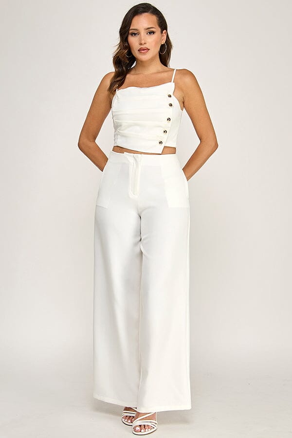 ******WOMEN'S SLEEVELESS SMOCK TOP & BUTTON CLOSURE POCKETS WIDE LEG PANTS 2PC. SET