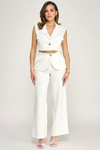 WOMEN'S SLEEVELESS BUTTON CLOSURE BLOUSE & BUTTON CLOSURE POCKETS WIDE LEG PANTS 2PC. SET