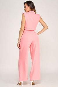 WOMEN'S SLEEVELESS BUTTON CLOSURE BLOUSE & BUTTON CLOSURE POCKETS WIDE LEG PANTS 2PC. SET