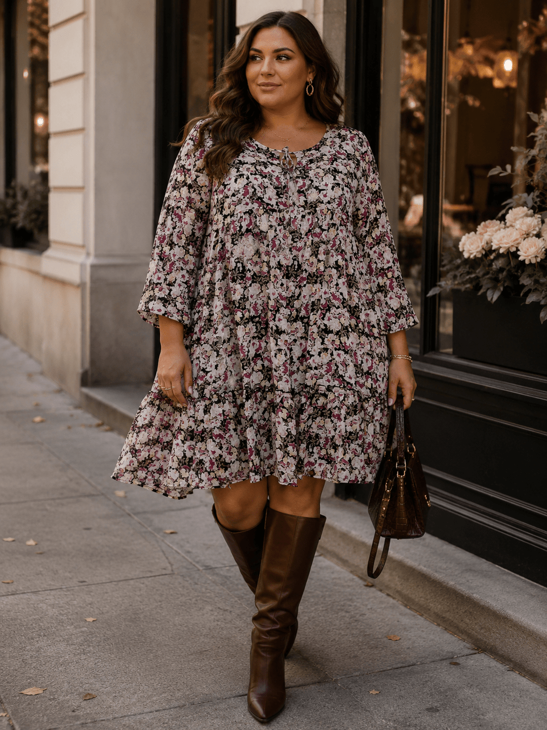 PLUS SIZE 3/4 SLEEVE FLORAL TIERED MINI DRESS