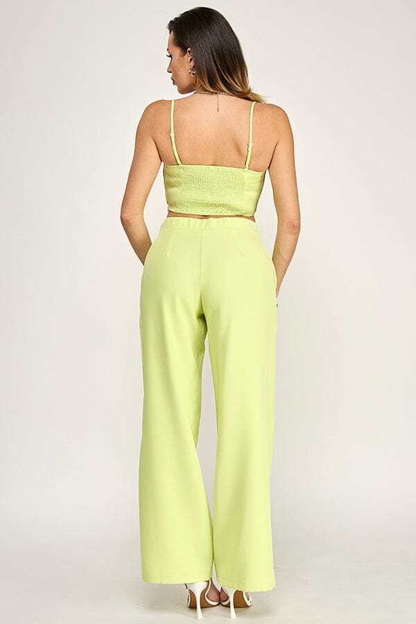 WOMEN'S SLEEVELESS SMOCK CROP TOP & BUTTON CLOSURE POCKETS WIDE LEG PANTS 2PC. SET