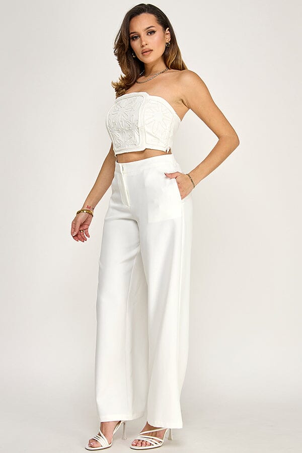WOMEN'S SLEEVELESS SMOCK CROP TOP & BUTTON CLOSURE POCKETS WIDE LEG PANTS 2PC. SET