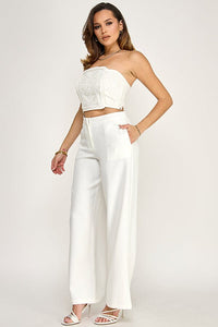 WOMEN'S SLEEVELESS SMOCK CROP TOP & BUTTON CLOSURE POCKETS WIDE LEG PANTS 2PC. SET