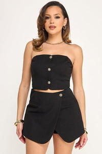 WOMEN'S SLEEVELESS BUTTON CLOSURE BLOUSE & ZIP UP POCKETS MINI SKORTS 2PC. SET