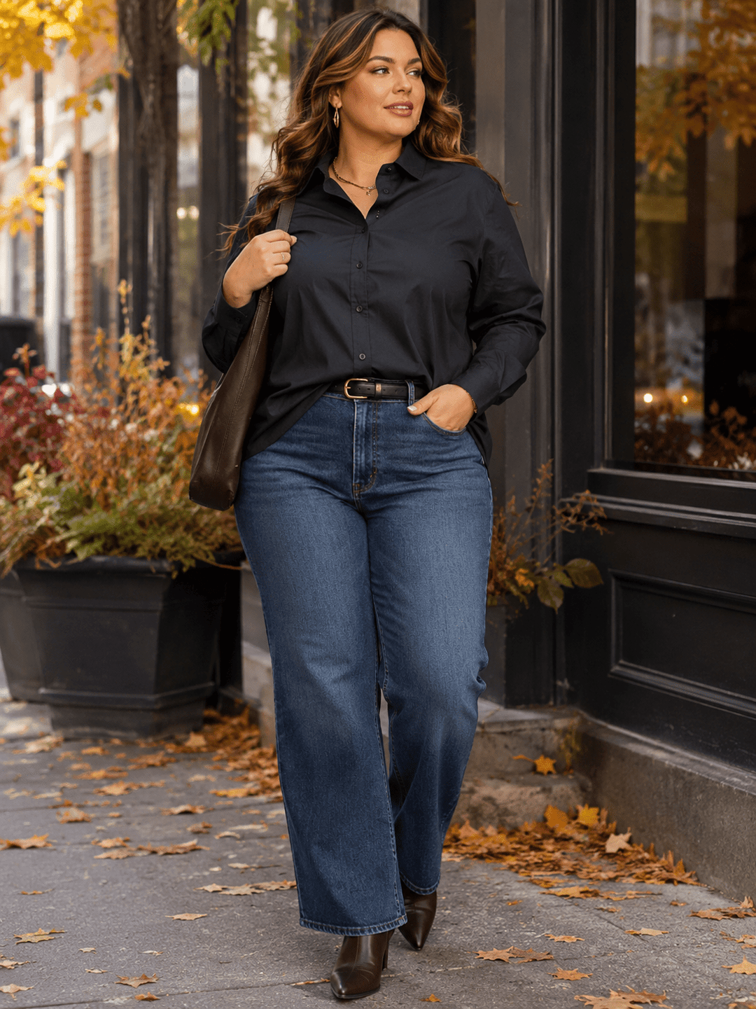 ENTRO PLUS SIZE LONG SLEEVE BUTTON UP HIGH-LOW SOLID SHIRT