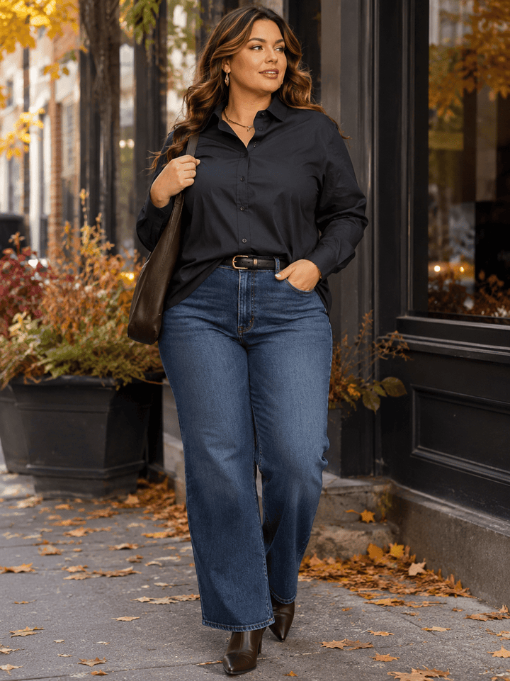 ENTRO PLUS SIZE LONG SLEEVE BUTTON UP HIGH-LOW SOLID SHIRT