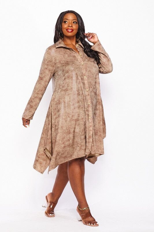 PLUS SIZE LONG SLEEVE BUTTON UP POCKETS TUNIC MIDI DRESS
