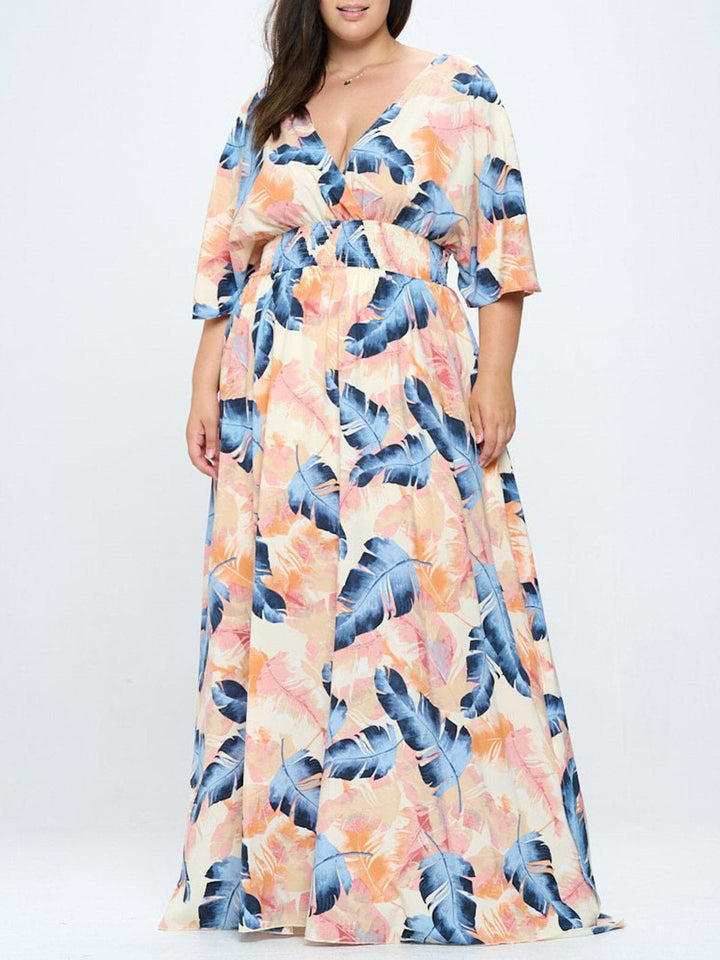 PLUS SIZE SHORT SLEEVE V-NECK SURPLICE SMOCK WAIST MAXI DRESS