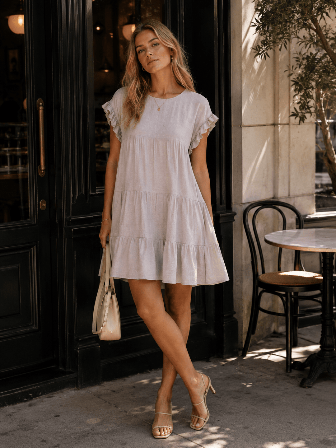 WOMEN'S SHORT RUFFLE SLEEVE TIERED TUNIC MINI DRESS