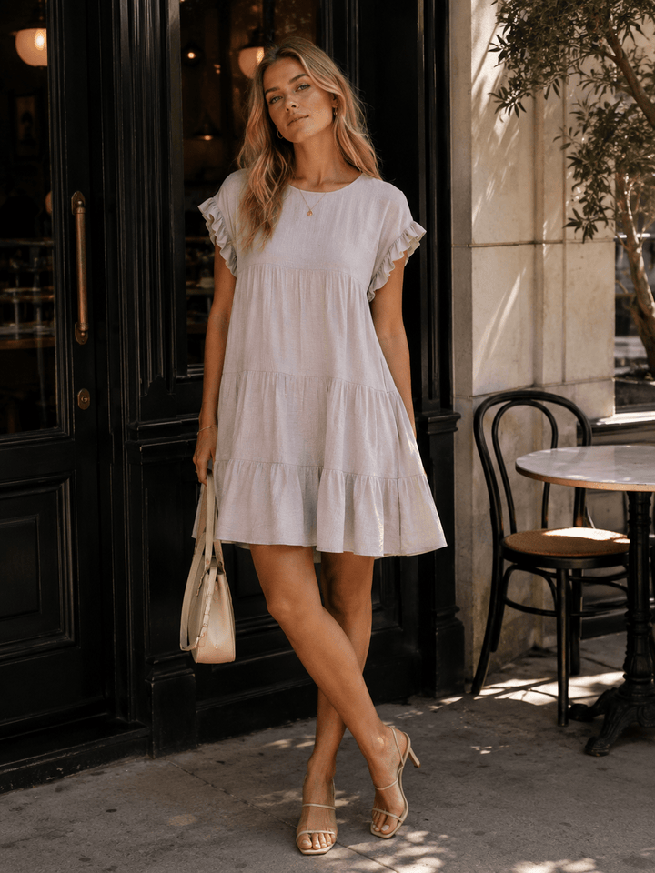 WOMEN'S SHORT RUFFLE SLEEVE TIERED TUNIC MINI DRESS
