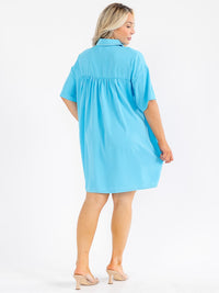 PLUS SIZE SHORT SLEEVE BUTTON UP FRONT POCKETS STUDS DETAILED LOOSE FIT MINI DRESS