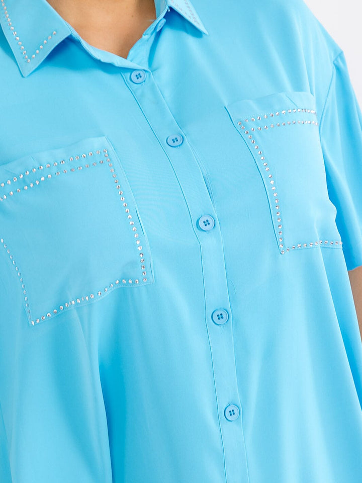 PLUS SIZE SHORT SLEEVE BUTTON UP FRONT POCKETS STUDS DETAILED LOOSE FIT MINI DRESS