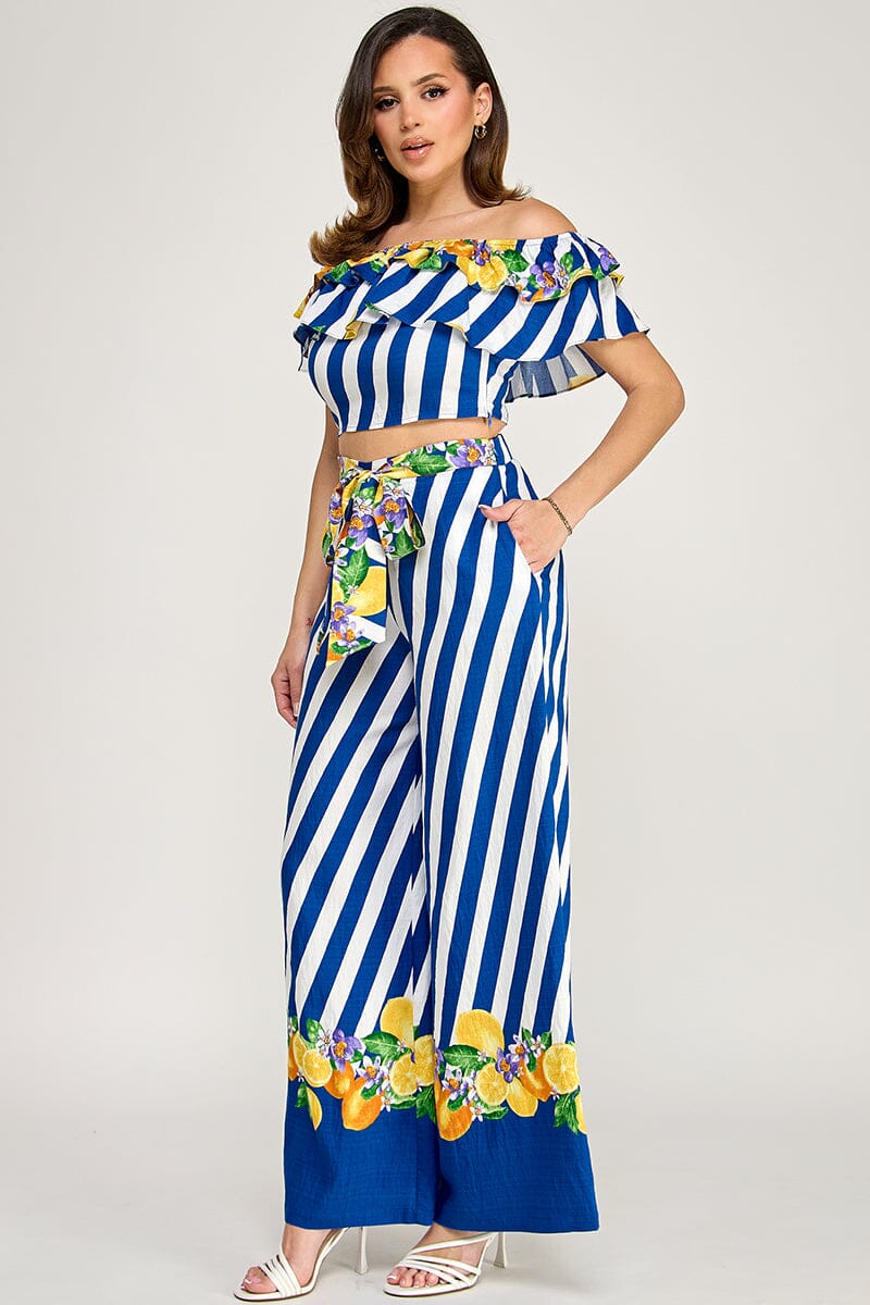 WOMEN'S OFF SHOULDER CROP TOP & ELASTIC WAIST POCKETS WIDE LEG PANTS PRINT 2PC. SET