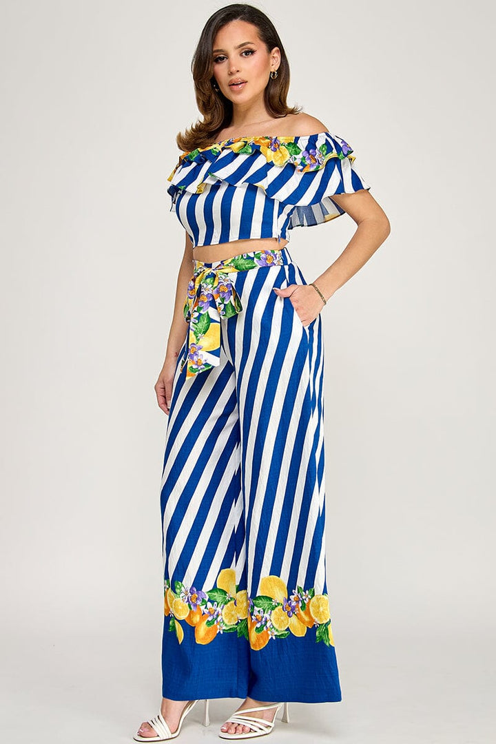 WOMEN'S OFF SHOULDER CROP TOP & ELASTIC WAIST POCKETS WIDE LEG PANTS PRINT 2PC. SET