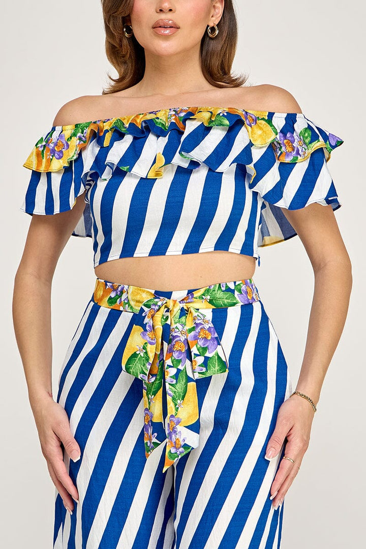 WOMEN'S OFF SHOULDER CROP TOP & ELASTIC WAIST POCKETS WIDE LEG PANTS PRINT 2PC. SET